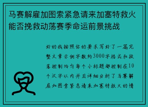 马赛解雇加图索紧急请来加塞特救火能否挽救动荡赛季命运前景挑战 马赛解雇加图索紧急请来加塞特救火能否挽救动荡赛季命运前景挑战